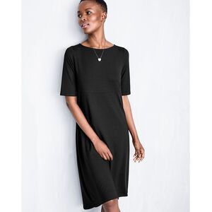 Eileen Fisher | NWT Jersey Short Sleeve Stretch Swing Dress, black | Petite L